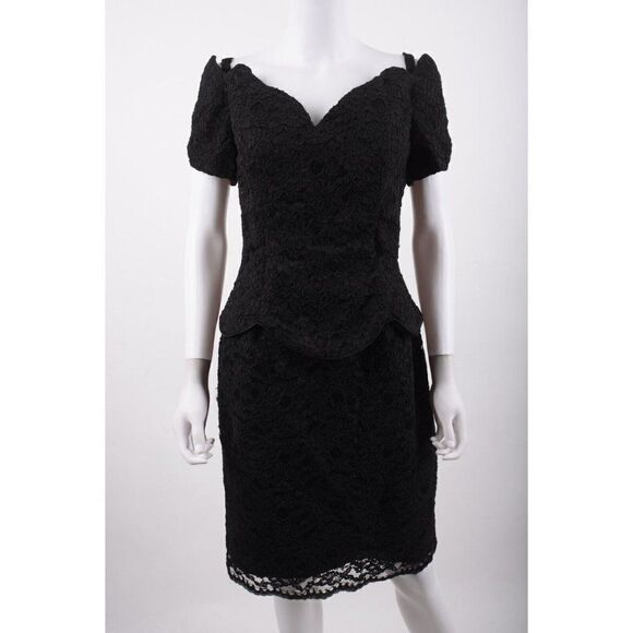 Vintage 80s Jessica McClintock Dress Black Lace Off Shoulder Cocktail Evening - Picture 1 of 6
